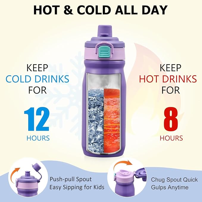 Bento Lunch Box for Kids with Thermo, Leakproof Bento Box with 8oz Insulated Food Jar, Insulated Bottle, Lunch Bag, BPA Free Dishwasher Safe 4 Compartment Container for School Girls Boys (Purple)
