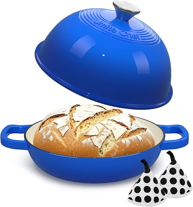 Enamelled Cast Iron Dutch Oven Pot – Dutch Oven Pot with Lid For Sourdough Bread Baking – Cast Iron Bread Oven – Dark Blue, Umite Chef 6QT Pot with Lid & Cotton Potholders
