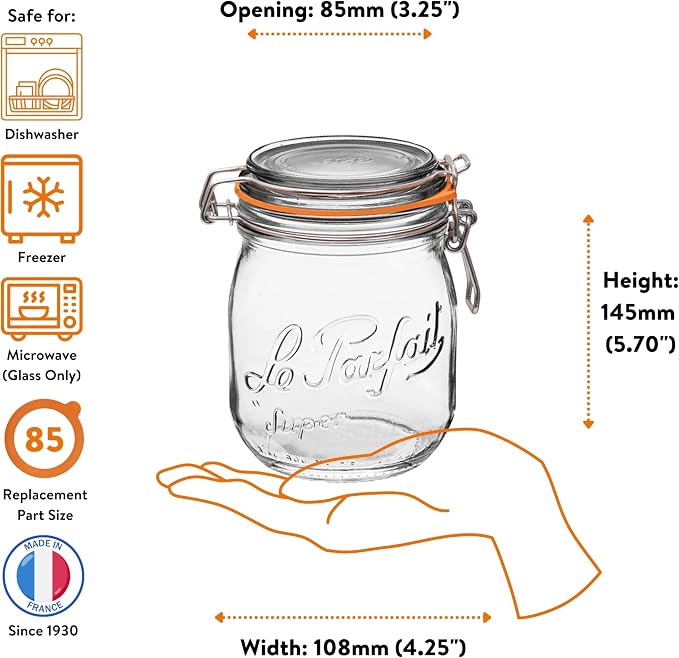 Le Parfait Super Jar 750ml (24oz) Glass Canning Jar, Wire Bail Lid, 4 Pack | Airtight rubber seal for canning, preserving pickles, sauces and whole fruit, fermentation and pantry storage; Made in France