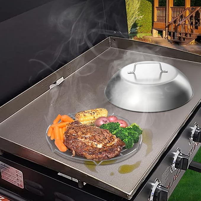 304SS Melting Dome 12" with Wire Rack - Griddle Cover for Flat Top Grills | Fits Blackstone, Camp Chef, Nexgrill. 3-piece set: 1 dome+2 wire rack. Melts cheese fast, steams veggies. Heat-proof handle.