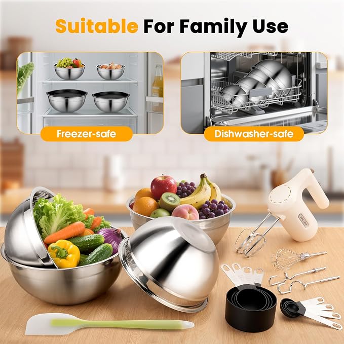 Lord Eagle 5-Speed Hand Mixer Electric With 4 Mixing Bowls Set | 300W Lightweight Kitchen Handheld Mixer with Measuring Cups & Spoons, Stainless Steel Bowls, Baking Supplies for Cake, Cream
