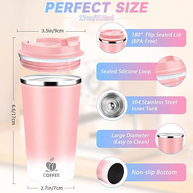 Insulated Travel Coffee Mug Reusable Coffee Tumbler Cup with Flip Lid Leak Proof Spill Proof for Office School Party Camping Hot and Cold Drink,Stainless Steel 17oz (Pink)