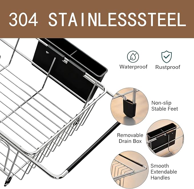 Expandable Over Sink Dish Drying Rack, Rustproof Stainless Steel Dish Drainer with Cutlery Utensil Holder, Quick Drainage Space Saving Kitchen Storage Organizer for Small Apartments RV