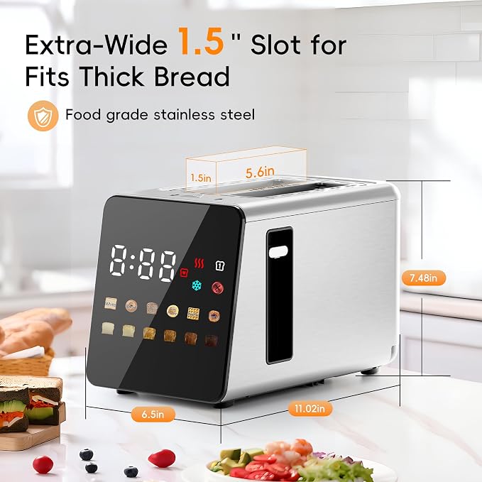 WUNLY Smart Touchscreen 2 Slice Toaster, Wide Slot, Memory & Single-Slot | Digital Timer, Extra Wide Slot for Bagels, 6 Shade Levels & 6 Bread Settings, Reheat, Defrost, Favorite,Platinum
