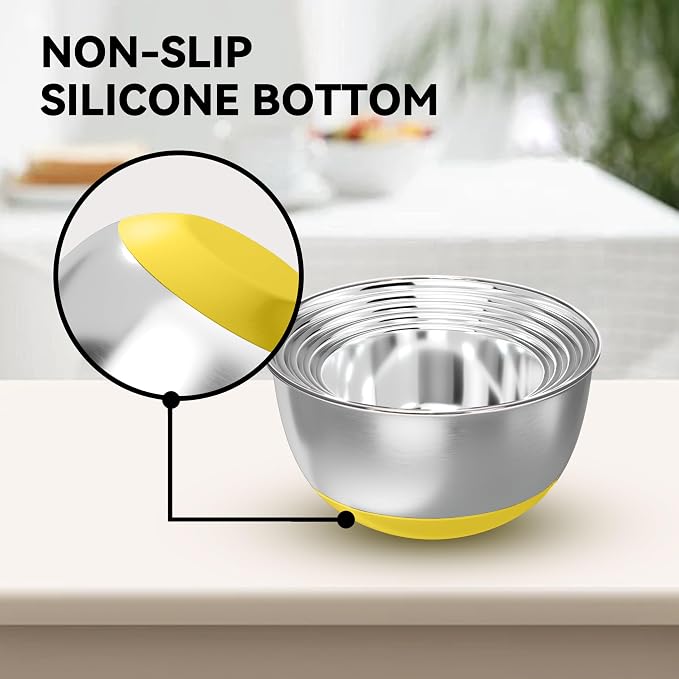 KITEISCAT Stainless Steel Mixing Bowls with Lids – Set of 5 Large Nesting Metal Bowls for Kitchen, Baking, Cooking, Food Prep & Storage, Non-Slip Base, Dishwasher Safe,Yellow