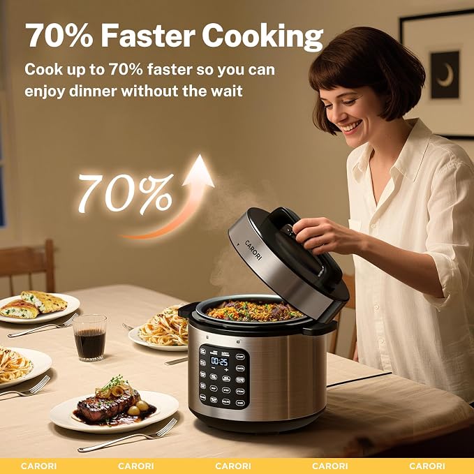 CARORI 9-in-1 Electric Pressure Cooker, 1200W Instant Multi-Cooker with IMD Touchscreen, Olla de Presion, Non-Stick Pot, Rice Cook, Slow Cook, Steamer, Sauté, Warmer, Safe Venting, Silver 8 Qt