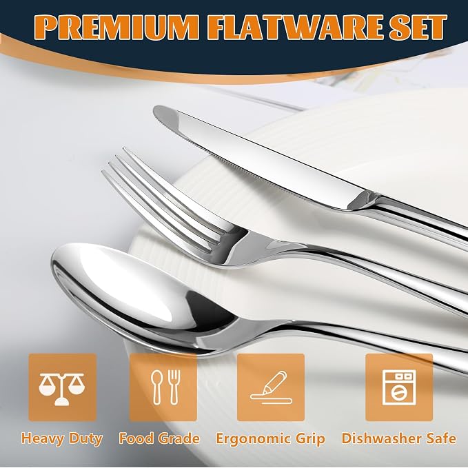 Silverware Set for 12, Heavy Duty Stainless Steel Silverware Set,60 Piece | Mirror Polished Premium Modern Cutlery Flatware Set include Fork Knife Spoon Set,Dishwasher Safe,Utensil set