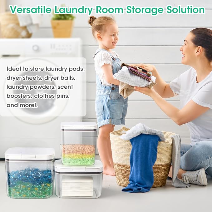 2 Pack Laundry Pods Container with One-Click Pop-up Lid 95 oz + 68 oz | Laundry Room Detergent Storage Containers for Laundry Powder, Scent Booster, Dryer Sheet, Dryer Ball, Dishwasher Pod Holder