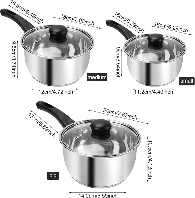 Stainless Steel Pot Set with Lid 6pcs,Sauce Pans 1QT & 2QT & 3QT Set,Triply Bottom Stainless Steel Pot Set