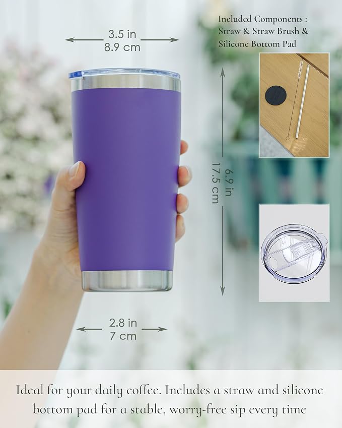 20oz Travel Coffee Tumbler 8 Pack, Lids and Straws, Stainless Steel | Double Wall Vacuum Insulated Tumbler, Coffee Mug for Hot & Cold Drinks, Fits Most Car Cup Holders, Purple
