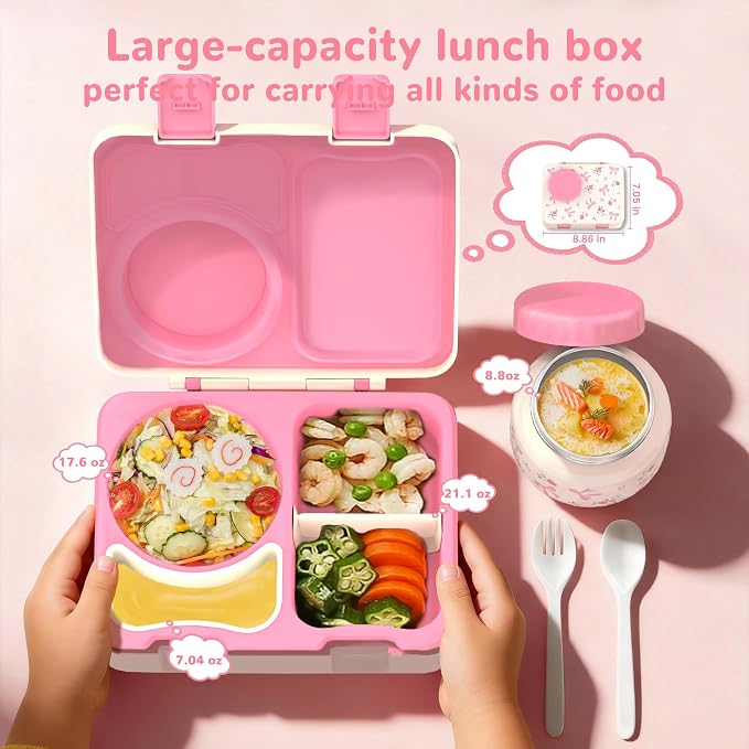 Bento Lunch Box for Kids Adult, Leakproof 3-4 Compartment Bento Box Set with Insulated Food Jar,Water Bottle, Lunch Bag, School Lunch Container for Toddler Teen Girls Boys Ages 3+(PK floral)