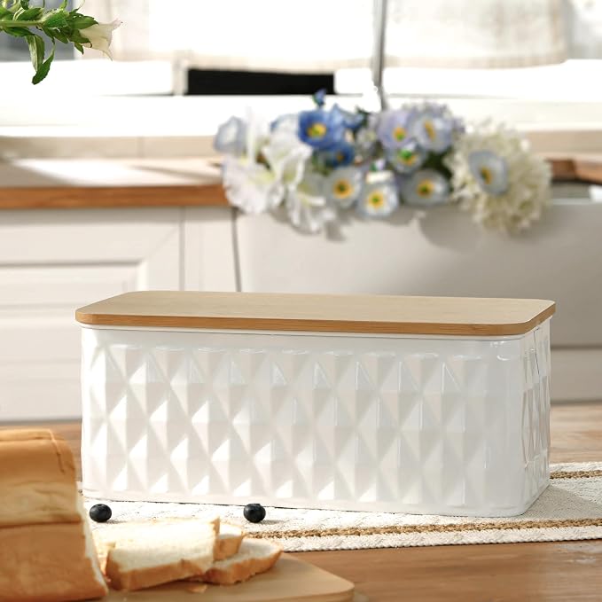 Large White Diamond Embossed Bread Box with Bamboo Lid | Corner Breadbox for Homemade Bread, Metal Bread Storage Container Bin for Kitchen Countertop