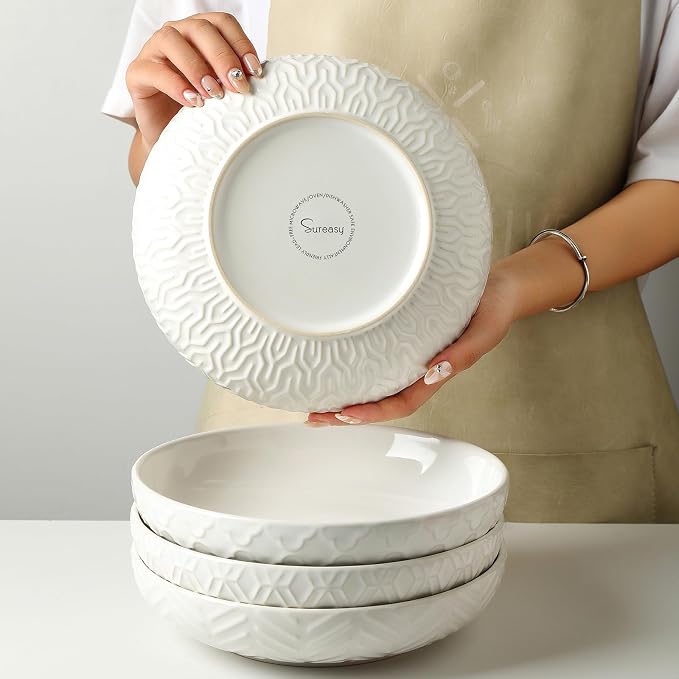 Sureasy Pasta Bowls Set of 4, 30oz Large Ceramic Embossed Bowl Plates, 8.5 Inch Wide and Shallow Plate Bowls, Salad Bowl, Microwave, Oven & Dishwasher Safe, White
