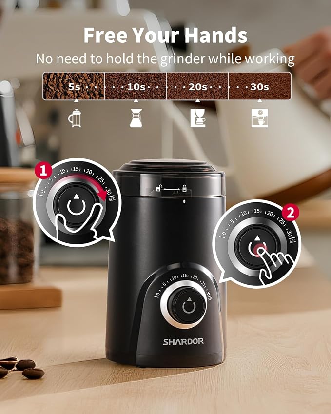 SHARDOR Electric Coffee Grinder, 70g Large Capacity Spice Grinder with Visual Timing Knob for Precise Grind, Quiet Coffee Bean Grinder for Espresso, French Press, Herbs and Grains, Black