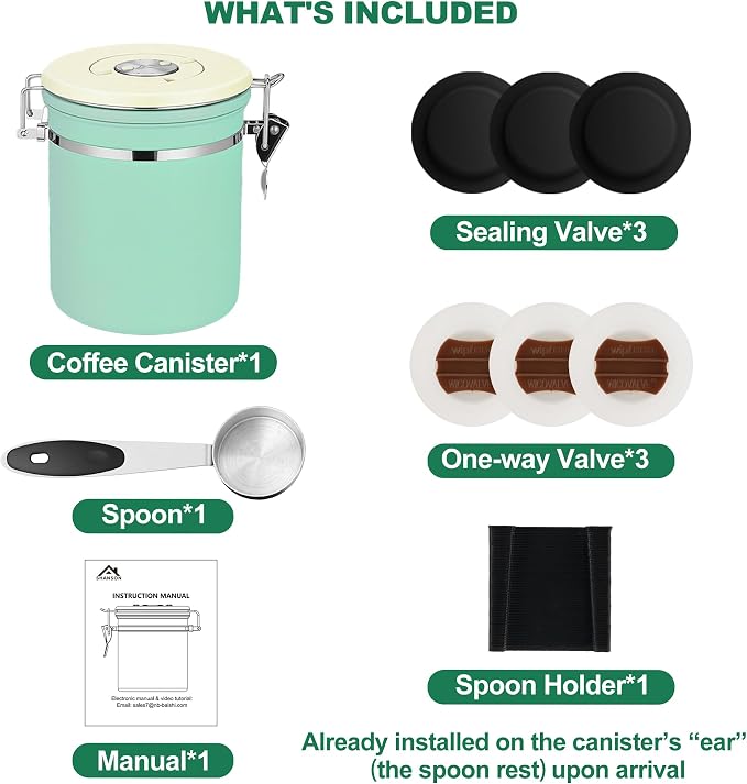 ShanSon Coffee Canister Airtight, Stainless Steel Bean Storage Container with Date Tracker & Scoop, Grounds Sugar Flour Tea Cereal Fits Kitchen Pantry, Ideal Gift for Coffee Lovers,16oz,Green