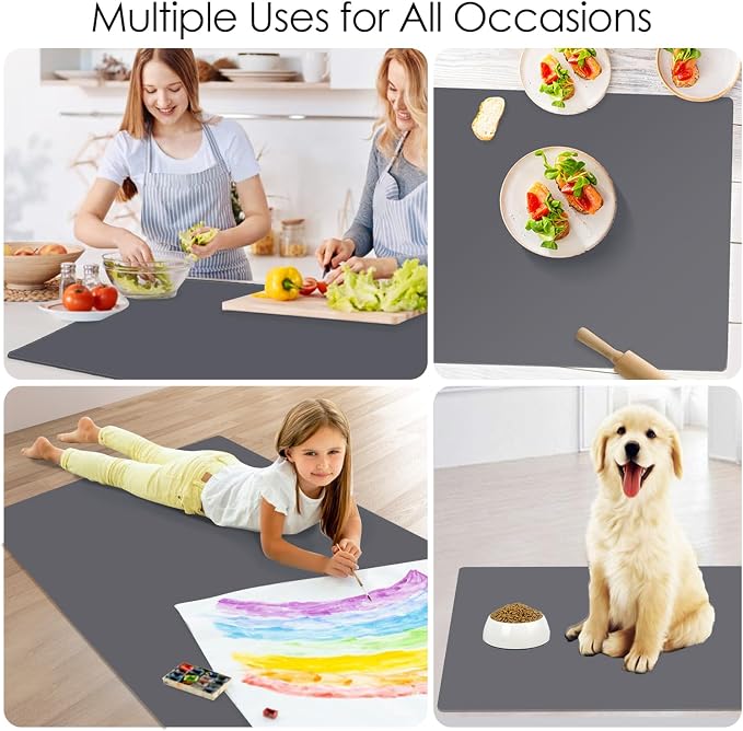 Extra Large Silicone Mat, 31.5x16.9 Large Silicon Placemats for Kids, Heat Resistant Matt for Kitchen Counter Non-Stick Table Mat for Dough and Pastry, Silicone Craft Mat for Kids, Dark Gray