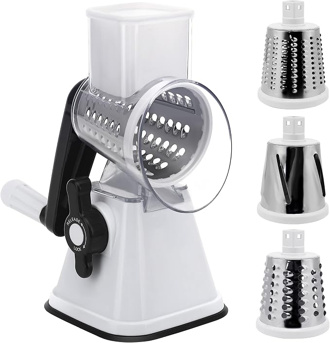 Cheese Graters with Handle, Manual Cheese Shredder Rotary Grater with 3 Replaceable Drum Blades for Vegetables, Fruit, Food, Nuts
