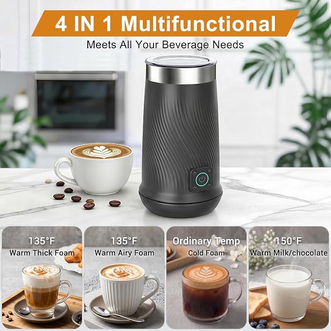 Wowteam Milk Frother, 4-in-1 Electric Milk Steamer, Warm and Cold Milk Warmer and Foam Maker for Coffee, Latte, Cappuccinos, Macchiato, 8.2oz/240ml, Stainless Steel (Black)