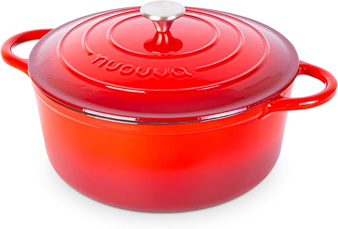 Cast Iron Dutch Oven with Lid - Non-Stick Ovenproof Enamelled Casserole Pot- Sturdy Dutch Oven Cookware - Red, 7.3- Quart, 30cm- by Nuovva