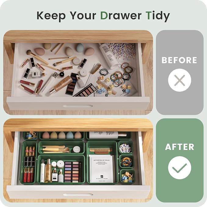 【Military Grade】A-LuGei Drawer Organizer,【𝟱𝗦𝗶𝘇𝗲】Makeup organizer,【Holds 177 Items】Bathroom Organizers and Storage,Organization and Storage,Desk Drawer Organizer for Vanity【Green】