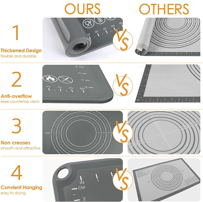 Silicone Pastry Mat 24" x 16" Baking Mat with Measurements and Edge Heightening, Thick Non-slip BPA Free Silicone Pad for Countertop Rolling Kneading Dough, Bread, Cookies,Pizza, Fondant,Dark Gray