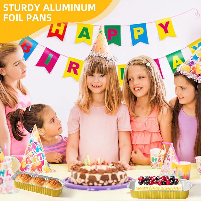30 Pack Gold Mini Rectangular Aluminum Foil Loaf Pans with Lids 6.8oz, Spoons & Sealing Stickers Included - Perfect for Baking Mini Cakes, Parties & Gifting