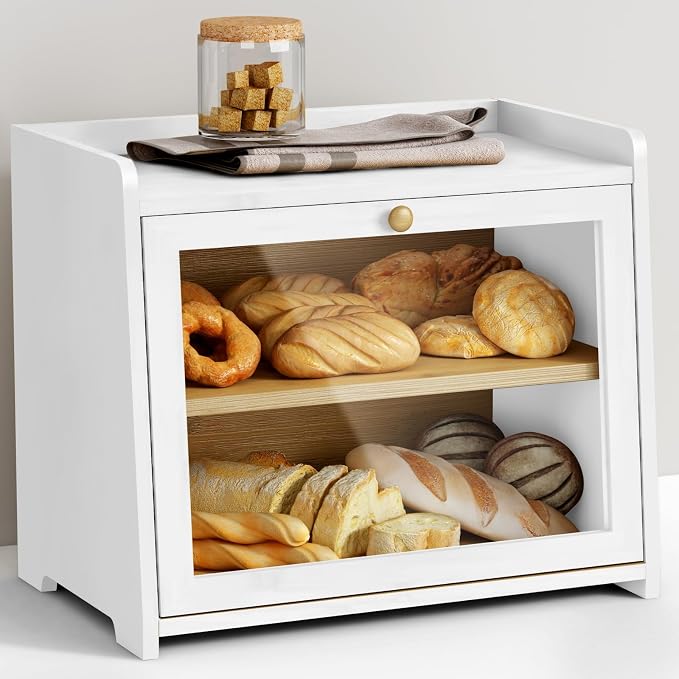 Goozii White Double Layer Bread Box for Kitchen Countertop, 2 Tier Counter Breadbox for Homemade Bread, Large Bread Storage Container Holder Keeper for Sourdough Loaf Storage (Bamboo Wood)