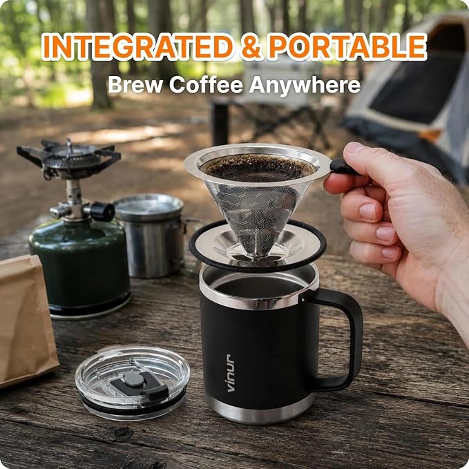 Pour Over Coffee Maker-12 oz Insulated Mug With Stainless Steel Filter | Stainless Steel Vacuum Insulated Coffee Maker With Stainless Steel Filter for Home, Camping, Gift for Men & Women (Black)