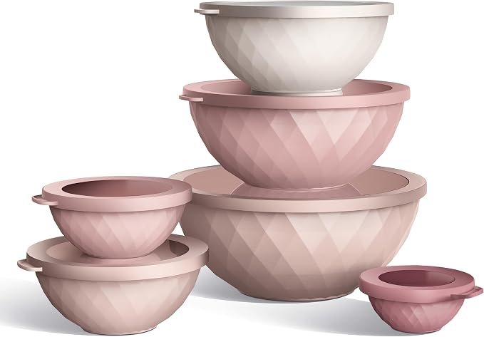COOK WITH COLOR Mixing Bowls with Lids - 12 Piece Plastic Nesting Bowls Set includes 6 Prep Bowls and 6 Lids, Microwave Safe Mixing Bowl Set, Pink Diamond