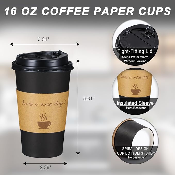 Lamosi 100 Pack 16 oz Coffee Cups, Disposable To Go Paper Cups with Lid | Hot Insulated Cups with Lids, Stir Sticks and Sleeves for Cold Drinks, Tea and Latte, Cafe, Travel and Home Use
