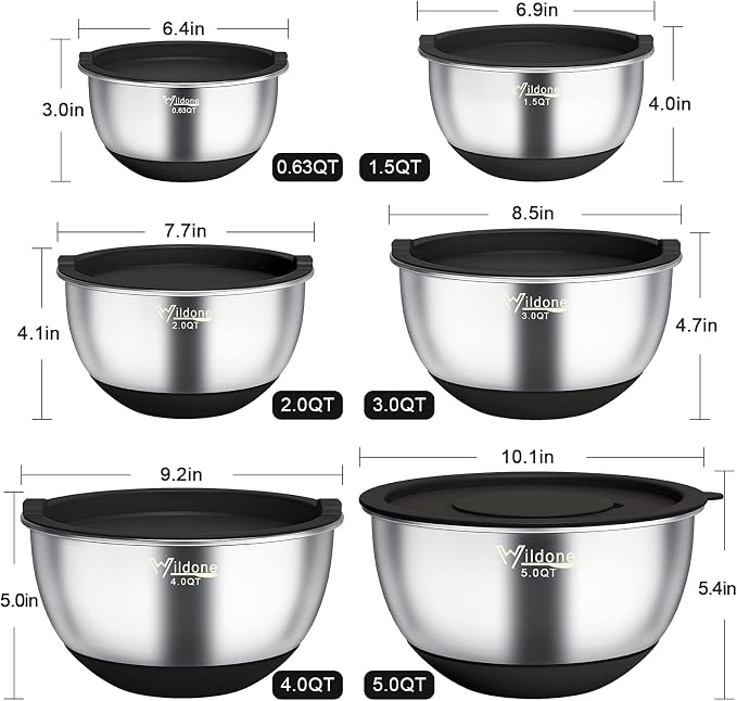 Wildone Mixing Bowls with Airtight Lids, Stainless Steel Mixing Bowls Set | Metal Bowls with 3 Grater Attachments & Non-Slip Bottoms, Size 5, 4, 3, 2,1.5, 0.63QT, Includes Utensil Set for Prep, Black