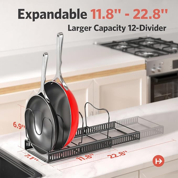 Pots and Pans Organizer under Cabinet, 11.8-22.8" 12 Dividers Black | Extends 11.8-22.8", Holds pot lids, pans, cookware and bakeware, Adjustable dividers, for under cabinet or countertop