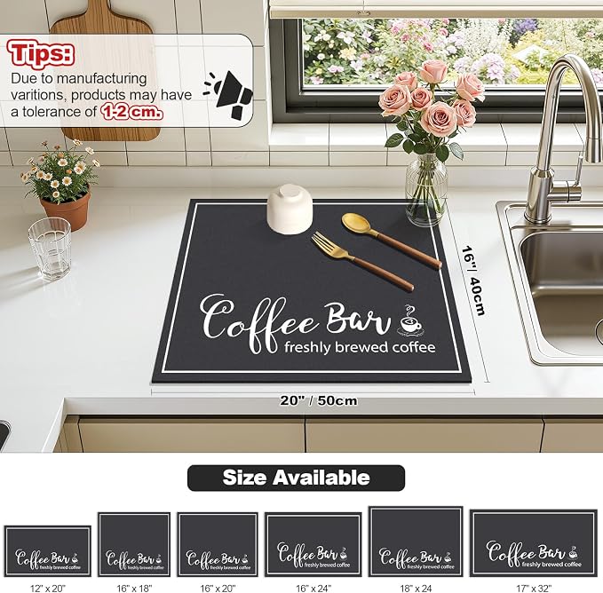 Findosom Dish Drying Mat, 16" x 20" Super Absorbent & Hide Stain Coffee Mat, Cuttable Drying Mat for Kitchen Counter, Coffee Bar Accessories, Under Dish Rack, Coffee Maker, Espresso Machine, Black