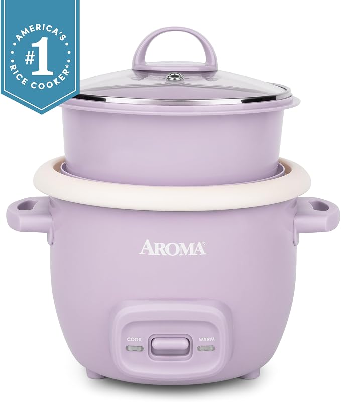 AROMA CoreCoat™ Mini Rice Cooker (3 Cups Cooked) with Nonstick Ceramic Pot Coating, Glass Lid, and Pop-Up Steamer Tray, 0.8 Quart