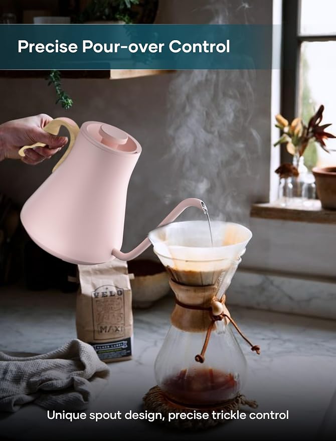 INTASTING Gooseneck Electric Kettle with ±1℉ Temperature Control 0.9 Liter | 1500W Quick Heating, Stainless Steel Inner, Pour Over Coffee & Tea, Keep Warm, Auto Shut-Off, Built-in Brew Timer, Pink
