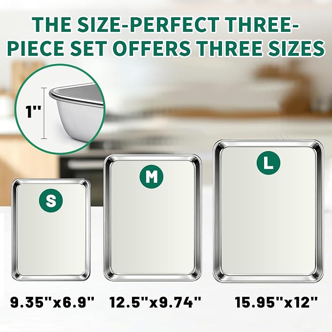 Stainless Steel Cookie Sheets for Baking Set of 3, Stainless Steel Baking Sheet, 9.3/12.5/16 Inch Sheet Pans, Non Stick, BPA Free, Dishwasher Safe, Durable and Easy Clean (Set of 3-9,12,16”)
