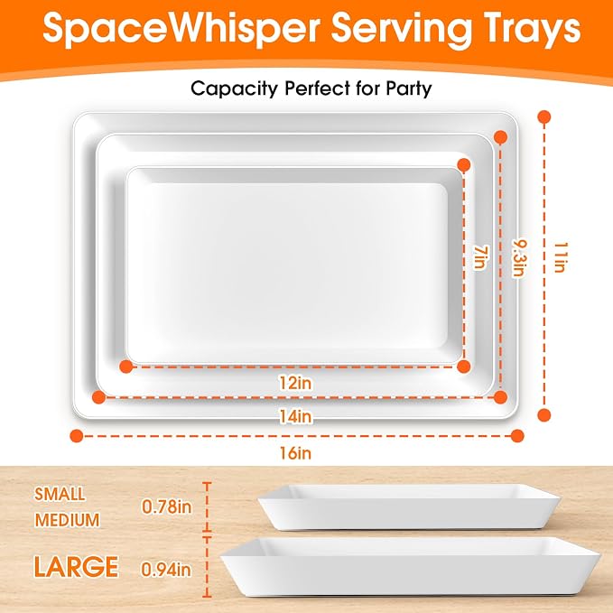 SpaceWhisper Serving Tray, White, 3 Pack, Rectangular Appetizer Platters | Stackable and Lightweight, Glossy PP Plastic,16 x 11 in, 14 x 9 in, 12 x 7 in, for Parties, Buffets, and Everyday Meals