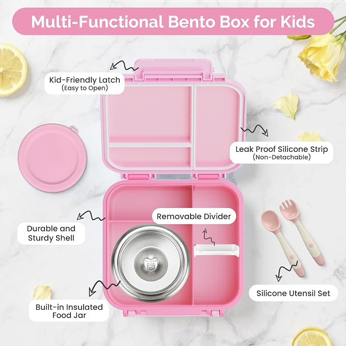 Kids Lunch Box Set with Bento Box, 9oz Stainless Steel Thermo & Insulated Lunch Bag – Hot & Cold Leakproof Lunch Container with Utensils for School & Travel