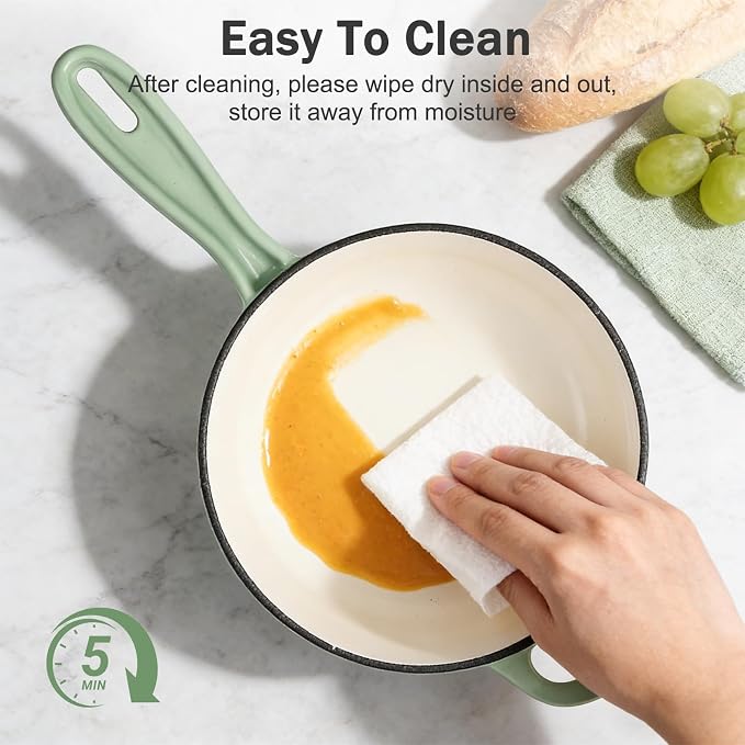 1 Quart Saucepan with Lid, Enameled Cast Iron Sauce Pan, Heavy Duty Small Pots for Cooking Pasta Sauce, Soup, Milk, Oven Safe up to 500°F (Fig Green)