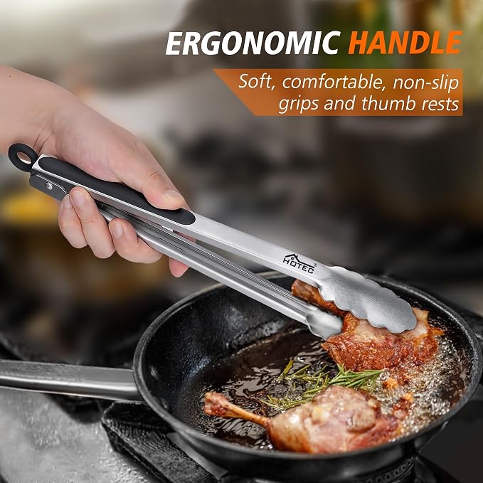 Hotec Stainless Steel Kitchen Tongs, Locking Metal Food Tongs for Cooking, Serving, BBQ, Grill & Air Fryer with Non-Slip Grip, Set of 2-12"