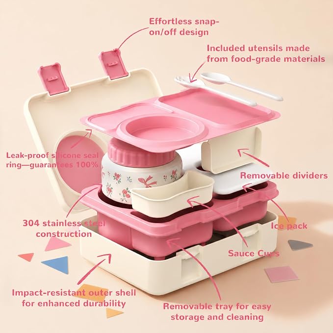 Kids Insulated Lunch Box with 8OZ Thermo Food Jar | Leakproof Bento Box with Ice Pack Sauce Cup Utensils Removable Tray & Dividers for School Daycare Travel, Floral Bows