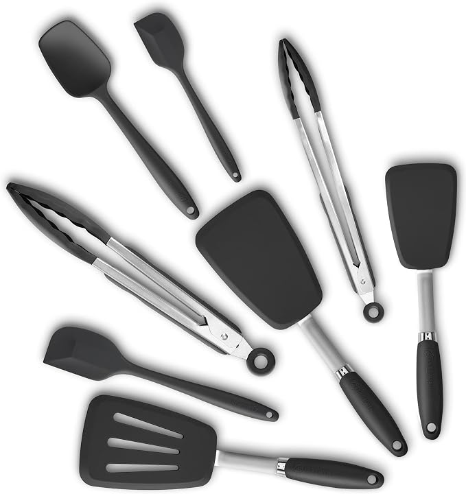 5-Piece Silicone Spatulas Set with Tongs, 446°F Heat Resistant, Black | Steel-core Utensils, Nonstick-safe Silicone Turners and Tongs for Flipping, Grilling, Mixing and Baking, Dishwasher Safe