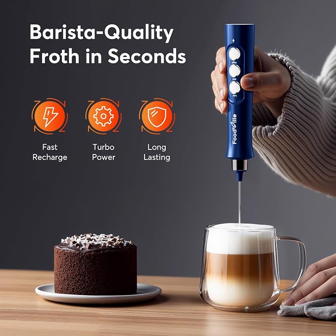 MF02 Rechargeable Milk Frother Handheld Foam Maker with Stainless Whisk for Cappuccino, Latte, Bulletproof Coffee, Keto Diet, Protein Powder, Matcha (Classic Blue)