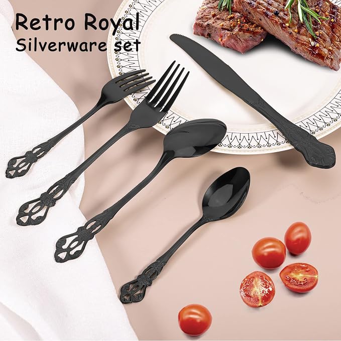 Black Silverware Set for 8, Stainless Steel Gorgeous Retro Royal Flatware Set, 40-Pieces Cutlery Tableware set, Kitchen utensils set Include Spoons And Forks Set, Mirror Finish, Dishwasher Safe