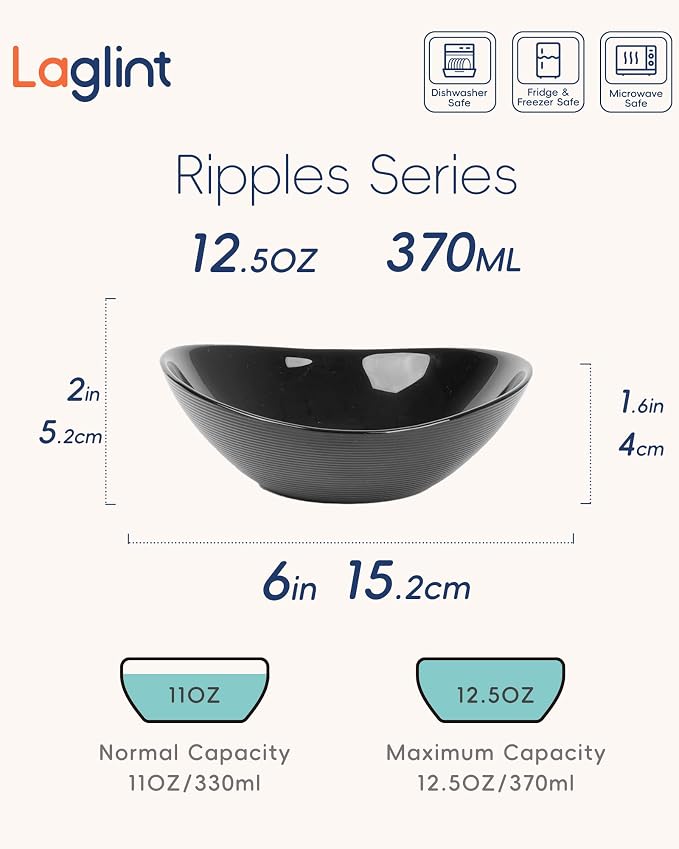 12 OZ Ice Cream Bowl Set of 6, 6 Inch Black Opal Glass | Oval dessert bowls with microwave & dishwasher safe design, perfect for breakfast, snacks, fruit and side dishes