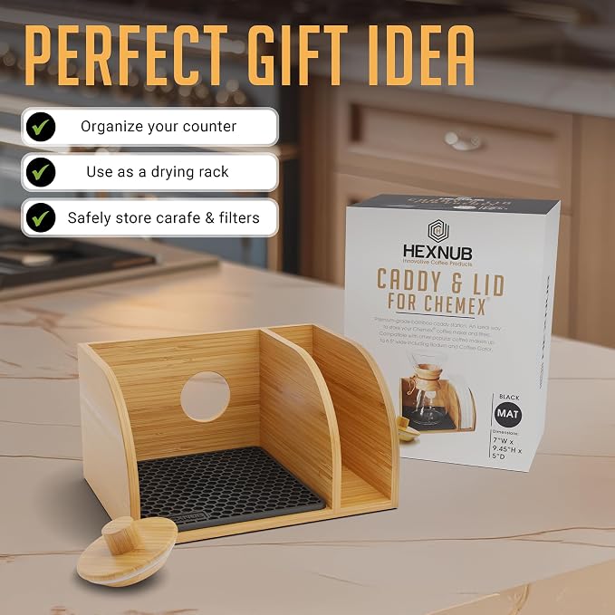 Pour Over Caddy with Lid for Chemex Bodum Cosori Coffee Makers Black | Handmade Bamboo Stand, Lid, Filter Holder, Heatproof Mat for a Cleaner Coffee Station