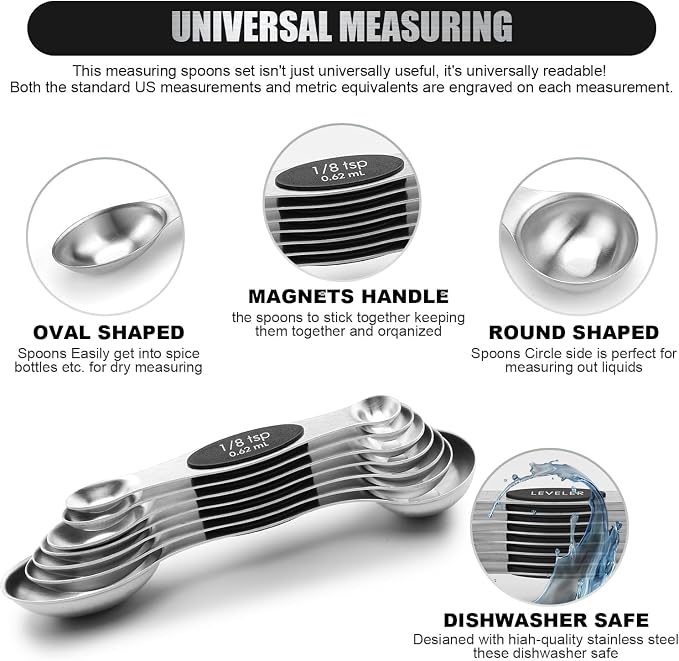 Magnetic Measuring Spoons Set of 9 Stainless Steel Stackable Dual Sided Nesting Teaspoons and Tablespoons for Measuring Dry and Liquid Ingredients
