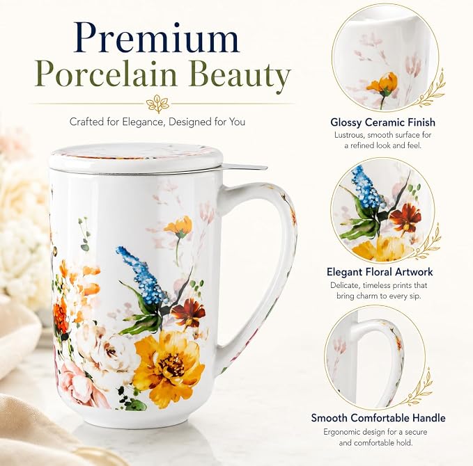 GBhome Tea Mug with Infuser and Lid,18 Ounce Ceramic Loose Leaf Cup Steeper | Lead-Free Glaze For Tea Lovers,Microwave & Dishwasher Safe with Tea Strainer