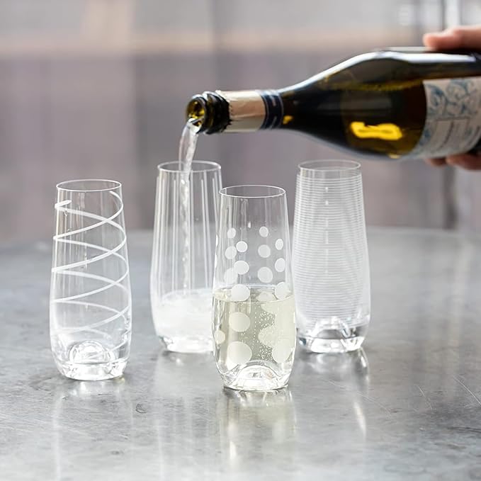 Mikasa Cheers Stemless Flutes, 7.5 Oz - Clear, Set of 4 | Lead-Free Crystal Drinkware with Dot, Line & Swirl Designs for Champagne, Prosecco, Cocktails & Mimosas, Dishwasher Safe