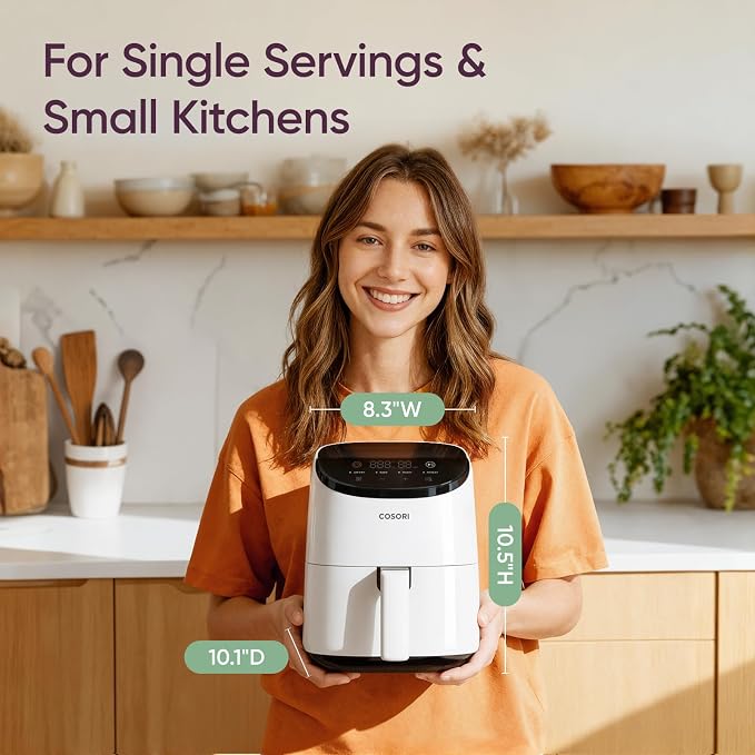 Cosori Lite 2.1 Qt Small Air Fryer, Ceramic Coating, 4-in-1, 97% less oil | Ideal for dorms, apartment, RVs, Quiet, Touch control, Air Fry, Bake, Roast, Reheat, Dishwasher-Safe Basket, Max 400℉